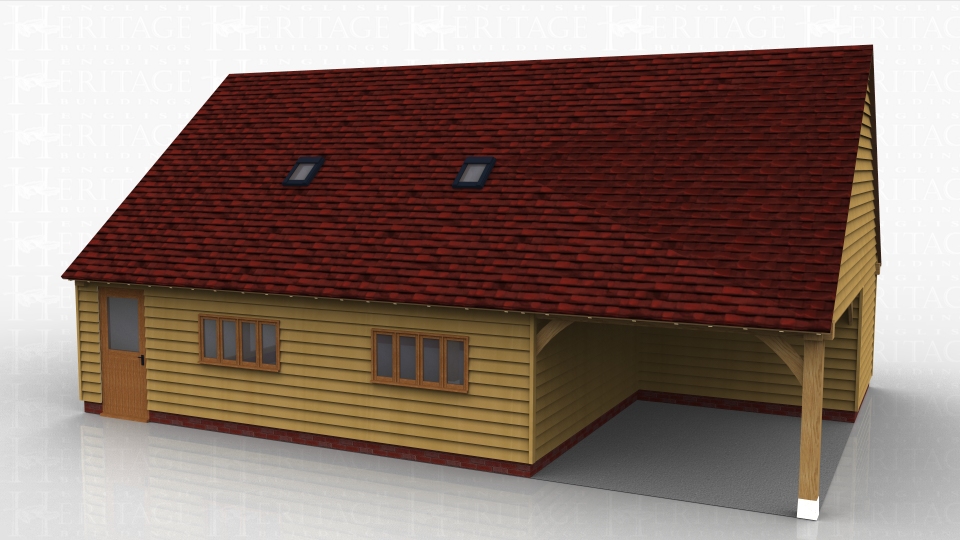 This oak framed garage has four bays, three are enclosed and one is half enclosed and half open. The small end bay is accessed by a half glazed single door  and the other two bays have four pane windows to the front. The end bay has a set back partition making the bay open except for a small enclosed store to the rear. There are trimmings for two rooflights.