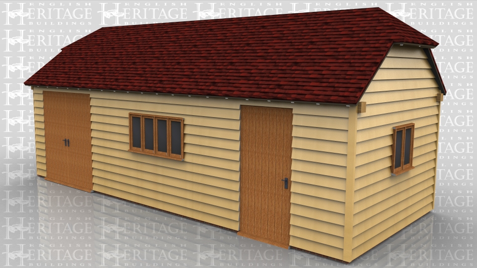 This oak framed home leisure building is formed of three enclosed bays. The left hand bay is accessed via a pair of double doors to the front. The centre bay has a four pane window to the front and the end bay has a single door. On the right hand side there is a two pane window.