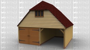This oak framed two storey garage has two bays. Access is via the left hand side, with a set of garage doors and an open bay. To the rear there is a single door, and on the first floor left side there is a three pane window.
