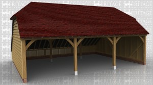 This oak framed garage has three open bays, with an enclosed logstore to the rear.