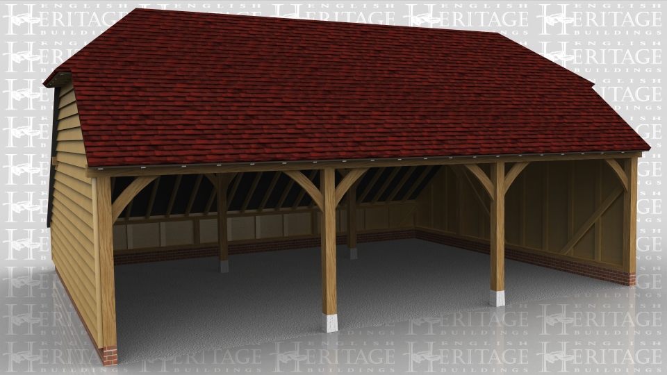 This oak framed garage has three open bays, with an enclosed logstore to the rear.