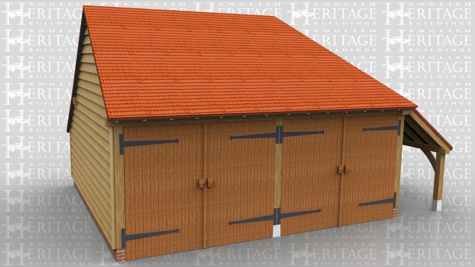 This oak framed garage is formed of two enclosed bays. The bays are accessed by two sets of garage doors to the front of the building and have an enclosed logstore to the rear. There is also an open store to the right hand side.