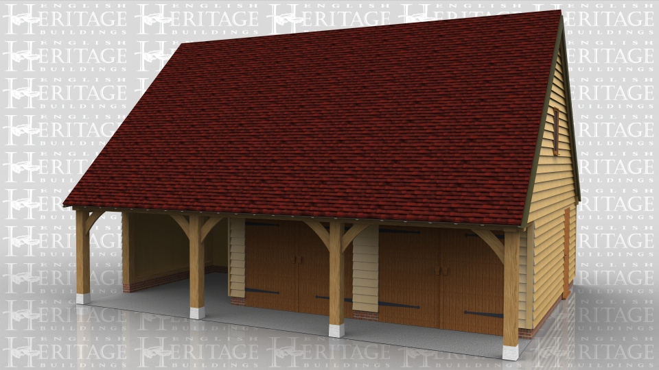 This oak framed two storey garage has three enclosed bays, one with a setback partition. The other bays are accessed by two sets of garage doors and there is an external oak staircase to the left. There is a single door to the right hand side and a single pane window on the first floor.