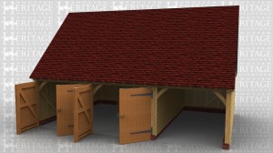 A 3 bay garage with gable ends divided with a front to rear partition to make 2 secure bays, using traditional side hung garage doors, and an open car bay. Although this was not built with a first floor one can easily added at a later date.