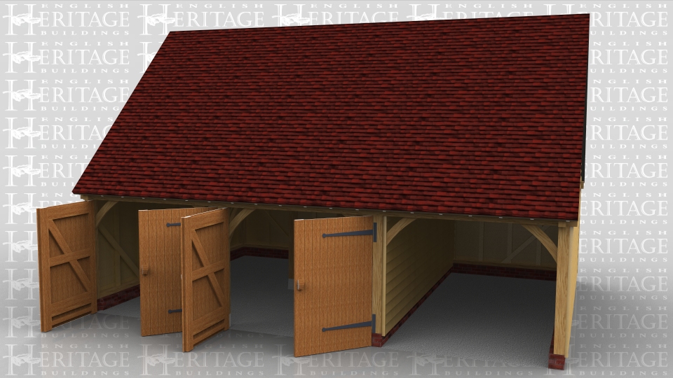 A 3 bay garage with gable ends divided with a front to rear partition to make 2 secure bays, using traditional side hung garage doors, and an open car bay. Although this was not built with a first floor one can easily added at a later date.