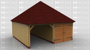 A 2 bay garage with one side secured with a partition and garage doors. It has a fully hipped roof which meets at a point.