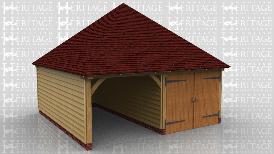 A 2 bay garage with one side secured with a partition and garage doors. It has a fully hipped roof which meets at a point.
