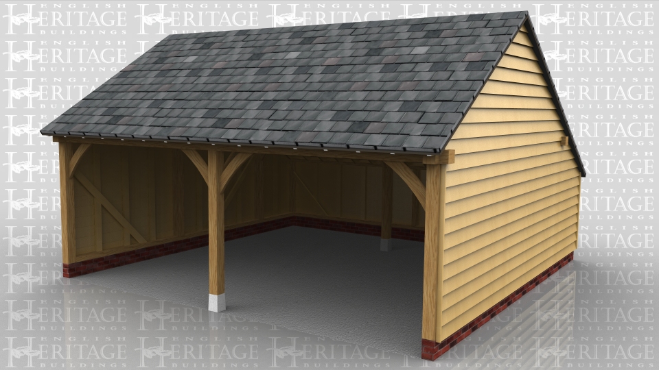 A 2 bay open fronted garage with rear catslide to give added depth and keep ridge height down. It also has a low roof pitch with a slate covering.