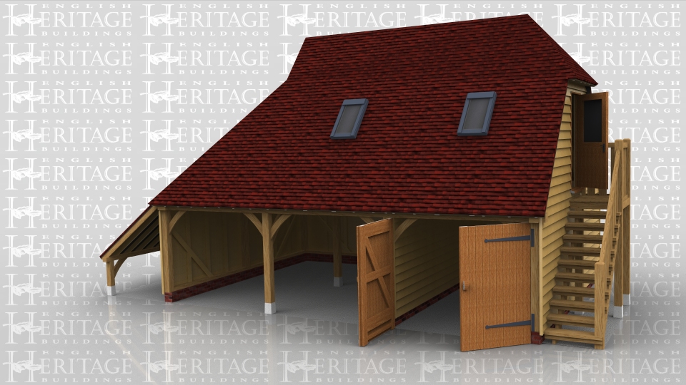 This oak framed three bay garage has one bay enclosed with a partition and pair of traditional side hung garage doors. There is a barn hip on the right and a gablet leading onto a catslide roof forming a logstore on the left. An oak external staircase takes you to the first floor which has a half glazed door and 3 Velux rooflights.