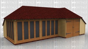 This oak framed building combines a two bay summerhouse and a single bay garage.The summerhouse has glazing on two sides and a catslide at the rear and the side. The single garage also has an enclosed catslide to the rear and a set of garage doors to the front.