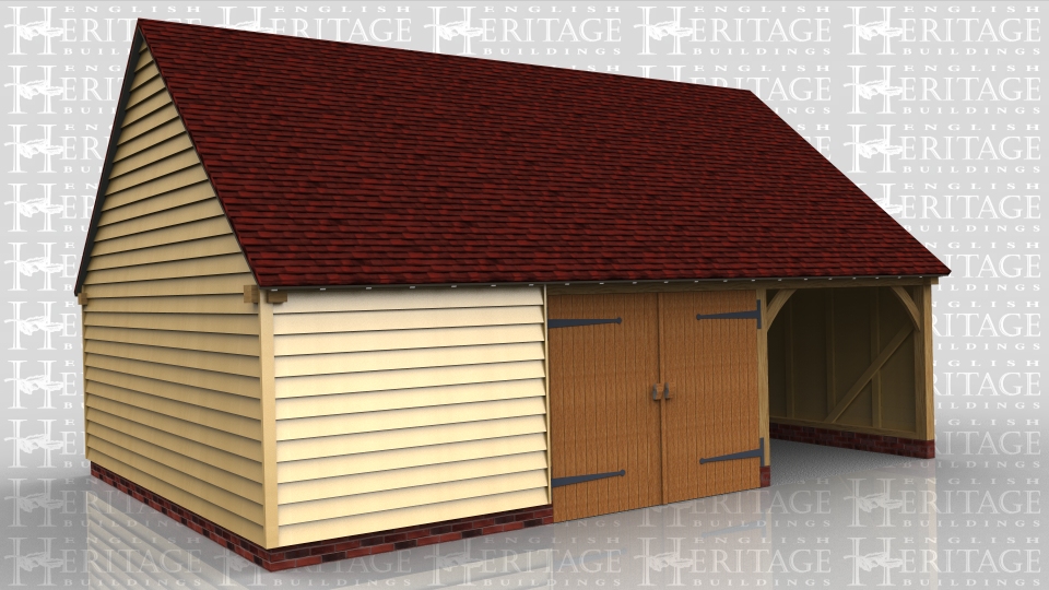 This oak framed three bay garage has one open car bay and two enclosed bays. One bay is accessed by garage doors and the other is designed to be used as a workshop or for storage.