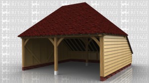 A 2 bay open fronted garage with hipped ends and a catslide roof to the rear.