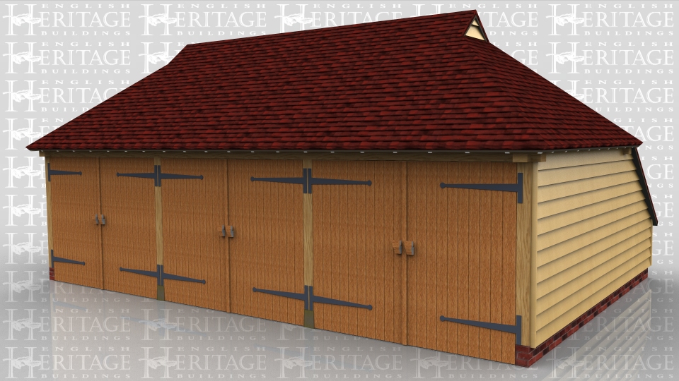 This is a three bay oak framed garage secured with three pairs of traditional side hung garage doors. The roof has a gablet each end finished with weatherboard and a catslide roof to the rear to keep the ridge height under 4m.