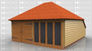 This two bay oak framed garage building  combines a single garage bay secured with garage doors at the front and a single bay garden room / summerhouse which has a glazed unit at the front with the centre two panes opening as doors. The roof is fully hipped and has a rear catslide to keep the ridge height down whilst giving more internal floor area.