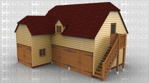 This 3 bay garage with room above is a sling brace frame type. The ground floor is split so there is one secure garage bay with extra depth and a seperate 2 bay area also secured with garage doors. The first floor is reached by an oak external staircase and through a half glazed single door, there is a 2 light dormer window in the front and a rooflight in the left hand side of the front projection.