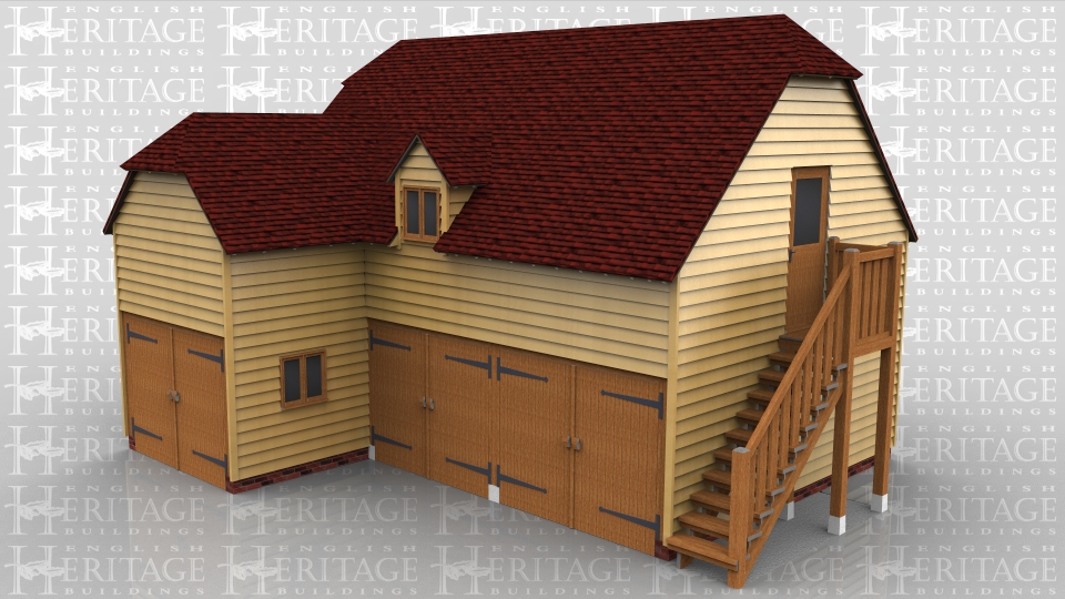 This 3 bay garage with room above is a sling brace frame type. The ground floor is split so there is one secure garage bay with extra depth and a seperate 2 bay area also secured with garage doors. The first floor is reached by an oak external staircase and through a half glazed single door, there is a 2 light dormer window in the front and a rooflight in the left hand side of the front projection.