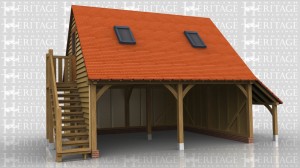 This 2 bay open fronted garage has a log store to the right hand end and an external oak staircase to the left side leading up to a half glazed single door which accesses the first floor. The first floor is a single open space with 2 Velux rooflights to give added light.