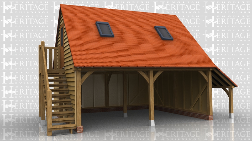 This 2 bay open fronted garage has a log store to the right hand end and an external oak staircase to the left side leading up to a half glazed single door which accesses the first floor. The first floor is a single open space with 2 Velux rooflights to give added light.