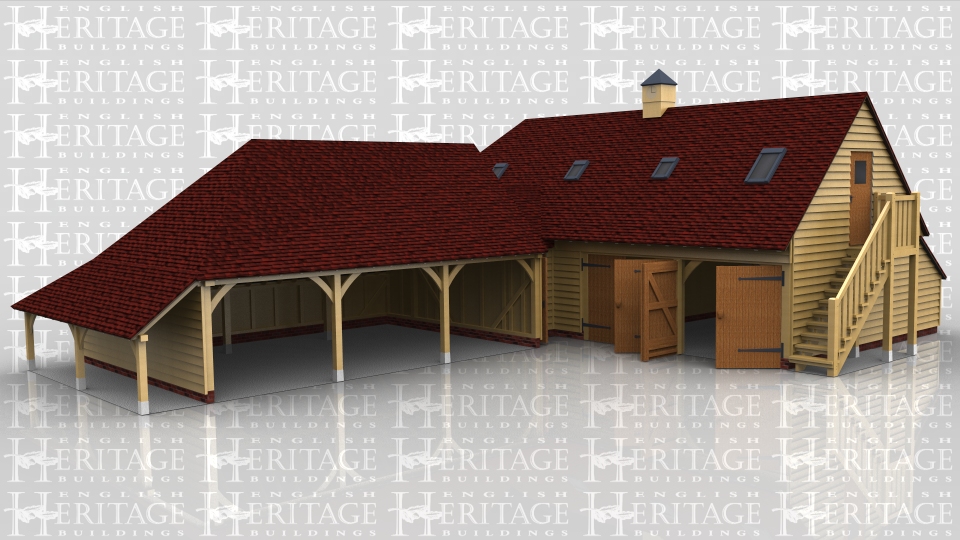 This oak framed complex comprises of a three bay open garage with a logsore on the left hand end connected to a four bay raised plate by a small link building. The ground floor of the four bay raised plate is split into two. One two bay section has garage doors to the front and is divide from the other two bays by a partition. The second two bays are used as a store / workshop and are accessed via a single door in the link building. The first floor is accessed via an external oak staircase on the right hand side and this area has four rooflights for added light and one acts as a means of escape. This building also has a clock tower sitting in the centre of the ridge of the four bay building.