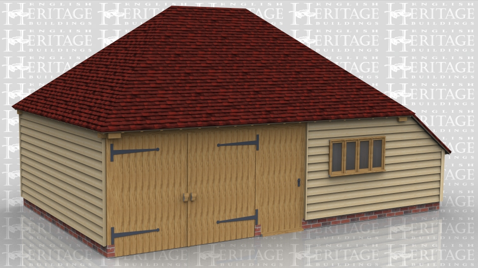 This oak framed two bay building has one garage bay secured with garage doors to the front. The second bay is accessed via a single door to the front and is designed to be used as a store or workshop. It also has an enclosed store to the left side.