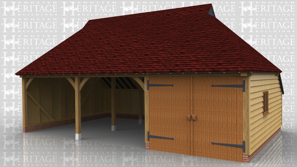 This three bay garage has two open parking spaces and one bay enclosed with garage doors. The roof has leaded gablets both ends and a catslide to the rear.