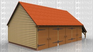 This three bay garage has gable ends and a log store to the right hand side. All three bays have traditional side hung garage doors and there is also a front to rear partition that divides the building into two secure sections.