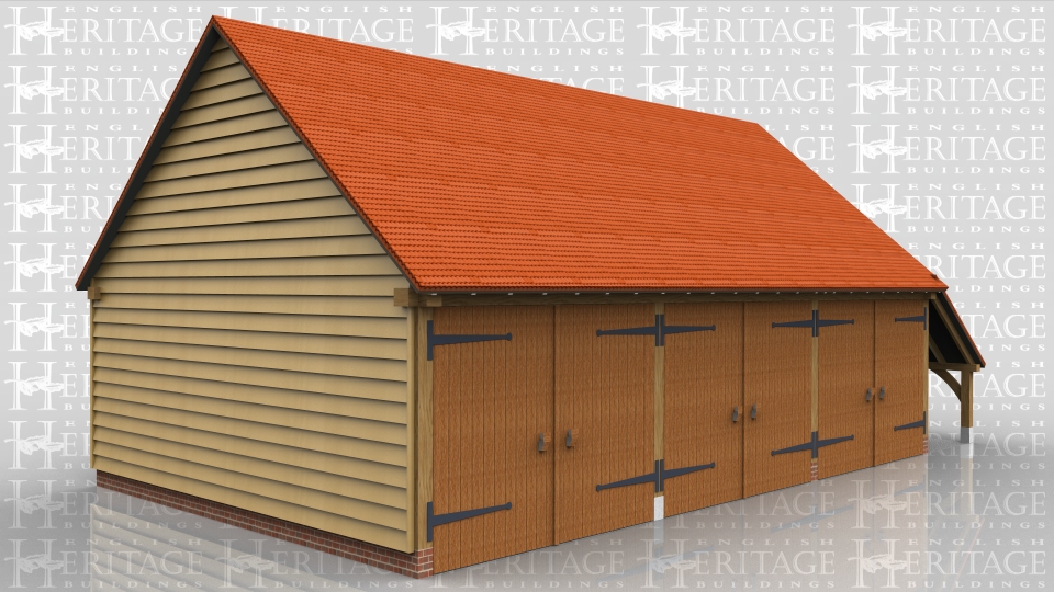 This three bay garage has gable ends and a log store to the right hand side. All three bays have traditional side hung garage doors and there is also a front to rear partition that divides the building into two secure sections.