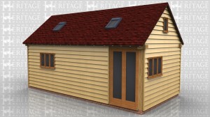 This oak framed home leisure building is formed of two bays, with a high solid wall to the right side. There is a three pane window to the front, and a two pane window to the side. There is a pair of opening full length garden room windows to the front and trimmings for two rooflights.