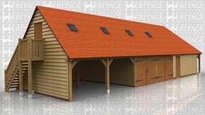 This is an 'L' shaped complex where one frame is garaging with a first floor and the other frame is a garden room. The main building has two open garage bays and two enclosed with garage doors. There is also a seperate workshop and store room at one end. The first floor is reached by an external oak staircase, it has four two light dormers and four rooflights on the opposite side.The garden room has a roof overhang / walkway along the front with the full height glazing set back. There is also toilets and a changing area which is used with the swimming pool that this building is next to.