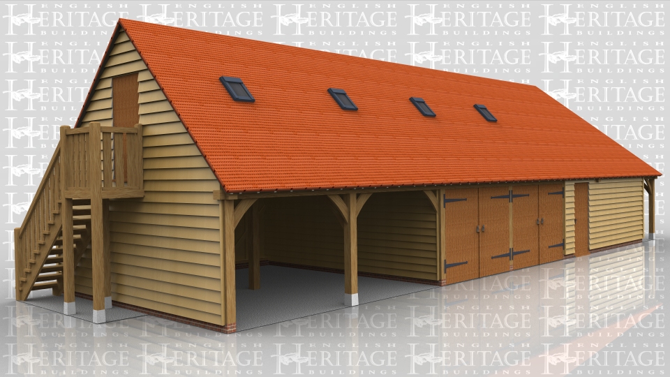 This is an 'L' shaped complex where one frame is garaging with a first floor and the other frame is a garden room. The main building has two open garage bays and two enclosed with garage doors. There is also a seperate workshop and store room at one end. The first floor is reached by an external oak staircase, it has four two light dormers and four rooflights on the opposite side.The garden room has a roof overhang / walkway along the front with the full height glazing set back. There is also toilets and a changing area which is used with the swimming pool that this building is next to.