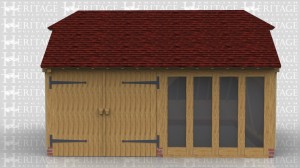 This two bay has one garage bay enclosed with garage doors and the other bay has a full height opening glazed unit so it can be used a small garden room or summerhouse.