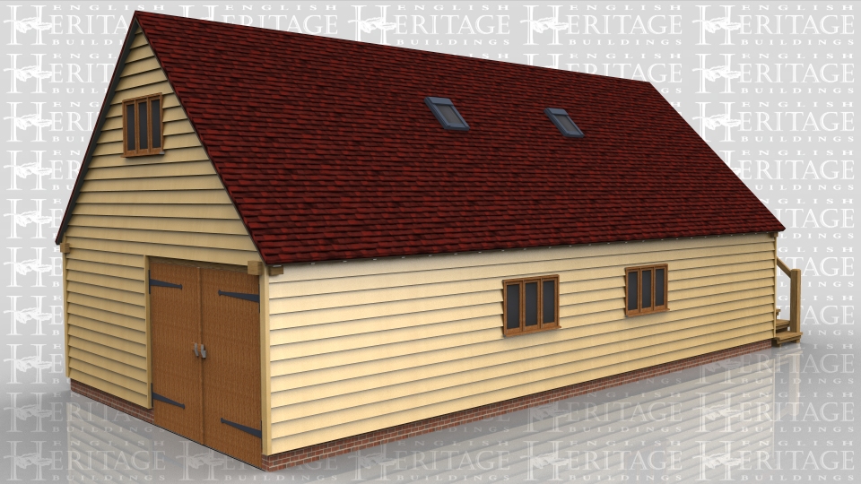 This oak framed garage has two storeys. The ground floor of this building is accessed via one pair of garage doors in the end. At the other end is an external oak staircase which leads to a solid single door and access into the first floor, which has a three light window in the gable and four Velux rooflights.