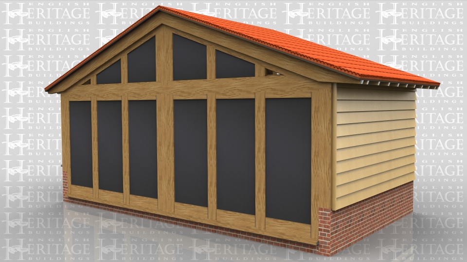 This is a single bay garden room extension with glazing on two sides and a glazed gable. The other side is clad in featheredged weatherboard. The roof has softwood rafters with oak principles and is insulated as a cold roof.