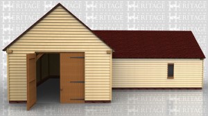 This oak framed complex is formed of two frames. One frame has an extra high eaves height of 3m and garage doors to match. Connected to this at right angles is a building with a standard 2.1m eaves height which is accessed through a decorative stable door in one side.