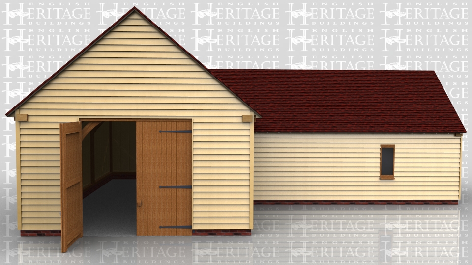 This oak framed complex is formed of two frames. One frame has an extra high eaves height of 3m and garage doors to match. Connected to this at right angles is a building with a standard 2.1m eaves height which is accessed through a decorative stable door in one side.