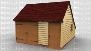 This oak framed building has one garage bay enclosed with garage doors and a separate workshop area accessed via a solid single door. There is a double pane window in the right hand side of the workshop.