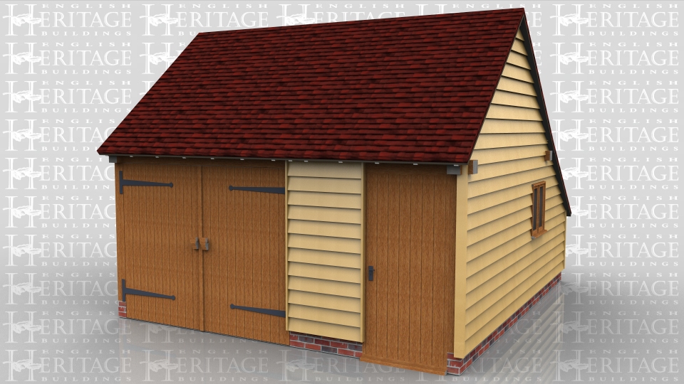This oak framed building has one garage bay enclosed with garage doors and a separate workshop area accessed via a solid single door. There is a double pane window in the right hand side of the workshop.