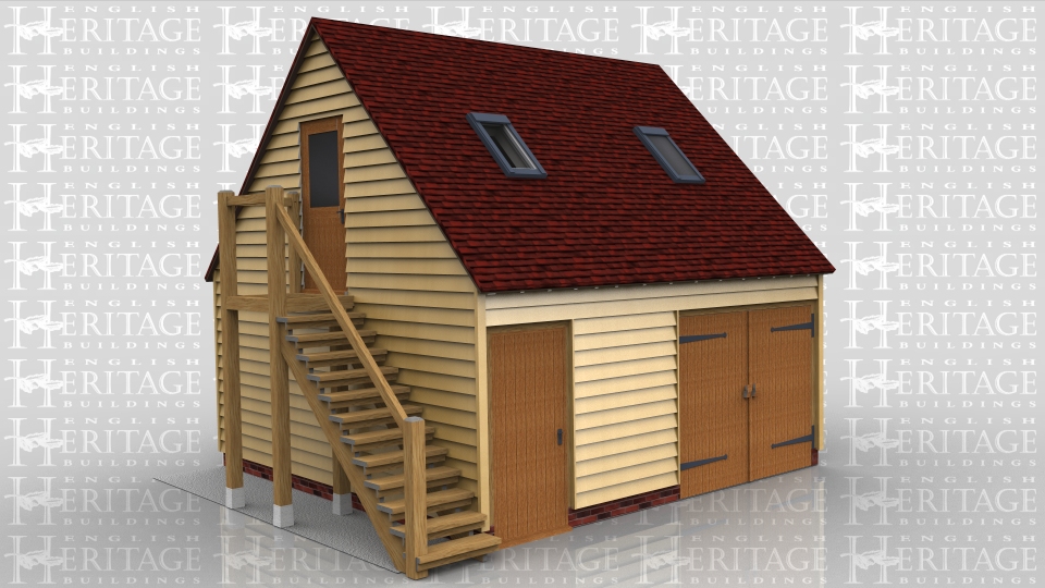 This 2 bay building has one garage bay secured with traditional side hung garage doors with a seperate workshop / store accessed by a solid single door. The building is a raised plate design and the first floor is accessed via an external oak staircase. There is a 2 light window in the gable end and 2 Velux rooflights in the front roof slope.
