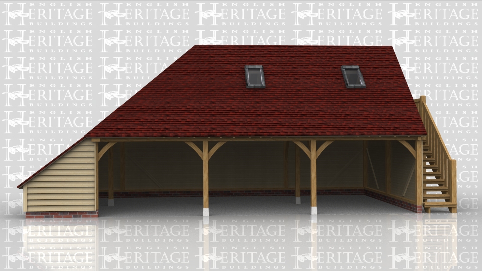 This oak framed three bay open fronted garage has a first floor accessed via an external oak staircase on the right hand side. The roof has two rooflights and has a full hip and catslide on the left hand side.