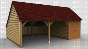 This oak framed garage building is formed of three bays, one enclosed and two open. The enclosed bay is accessed via a set of garage doors to the front and has an enclosed store to the rear.