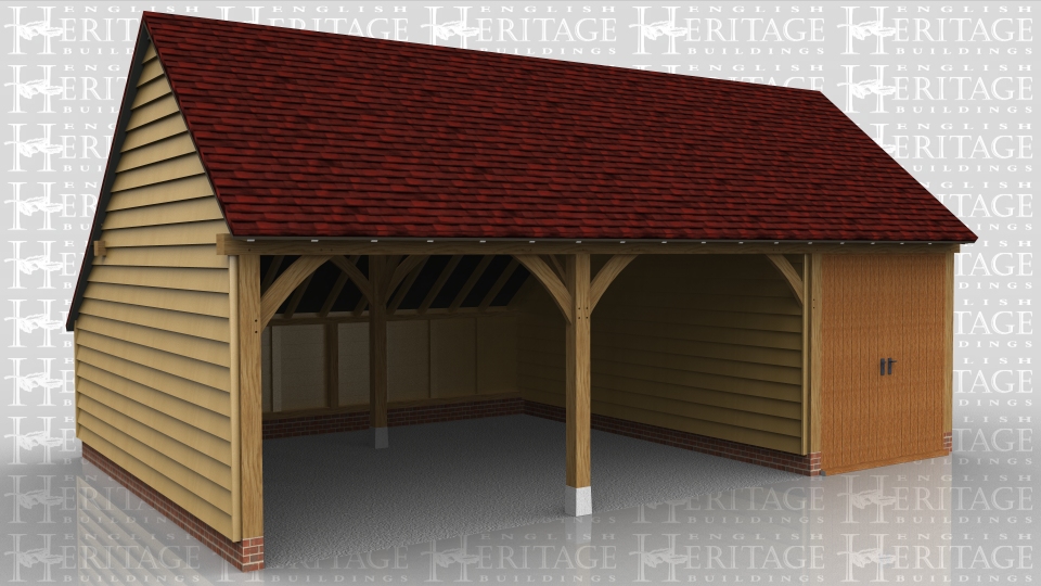 This oak framed garage building is formed of three bays, one enclosed and two open. The enclosed bay is accessed via a set of garage doors to the front and has an enclosed store to the rear.