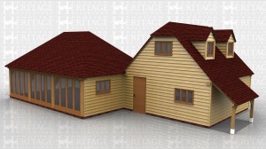 This complex comprises of a 3 bay garden room with opening glazed units down one side. It has a double hipped warm roof with oak rafters and 3 Velux rooflights. Attached to this is a 2 bay garage with first floor and small logstore at the rear. It has one pair of garage doors and an oak external staircase to the first floor which has a solid single door, 3 pane casement window and 2 two light dormers.