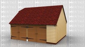 This is a 2 bay garage with traditional side hung garage doors. The right bay is wider than the right and there is a weatherboard panel at the front so that the doors are the same width as each other.