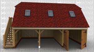 This 3 bay raised plate building has 2 open garage bays and one bay secured with a pair of garage doors and a partition. There is an external oak staircase on the left hand end leading to a half glazed single door. There is a 2 pane escape window in the end and 3 rooflights in the front roof slope. The roof ends are barn hips and the rafters are softwood with a cold roof insulation.