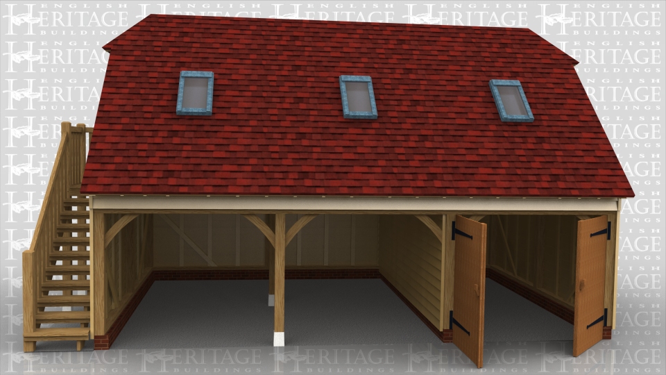 This 3 bay raised plate building has 2 open garage bays and one bay secured with a pair of garage doors and a partition. There is an external oak staircase on the left hand end leading to a half glazed single door. There is a 2 pane escape window in the end and 3 rooflights in the front roof slope. The roof ends are barn hips and the rafters are softwood with a cold roof insulation.