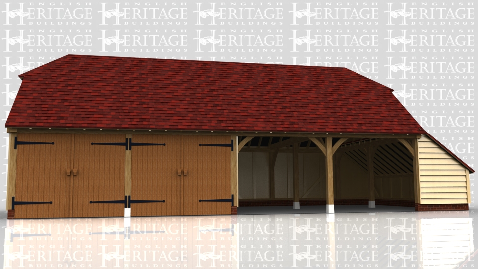 This oak framed four bay garage has two enclosed bays with garage doors and two bays open at the front. It has barn hip roof ends and a catslide on the right hand end.