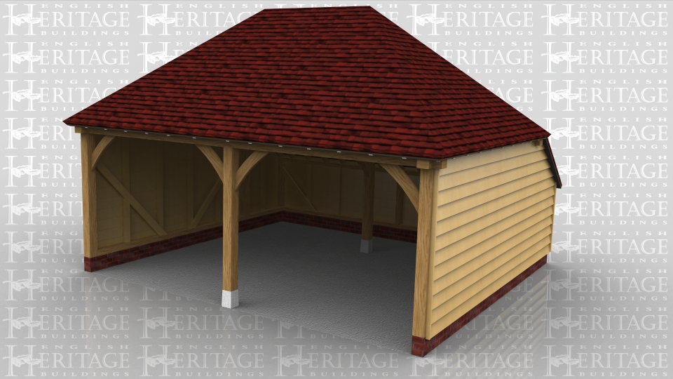 This is an open fronted two bay garage with hipped ends and a rear catslide to keep the ridge height to below 4m and maximise the internal floor area.
