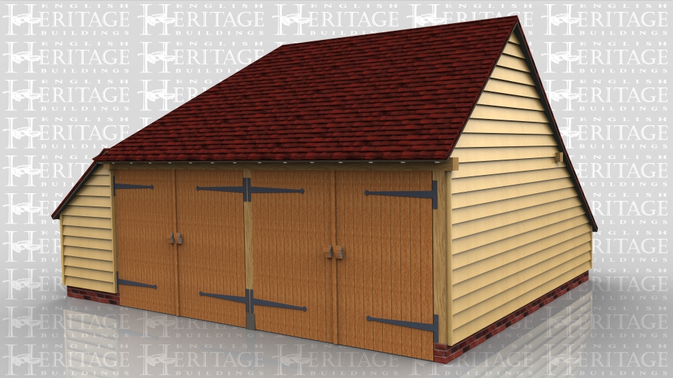 This two bay garage is enclosed with 2 pairs of traditional side hung garage doors on the front. It has a catslide roof on the rear and left hand side.