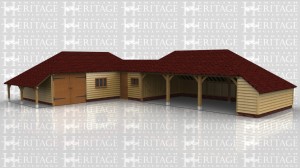 This oak framed complex is formed of three frames; the first is a three bay garage with an open logstore to the left side. It is accessed by a single set of garage doors to the front and also has a three pane window. The second frame is a single bay store/workshop that functions as a link between the two frames. It is accessed via a single door to the front and has a mullion window. The third bay is a three bay open garage with an enclosed store to the right side and to the rear.