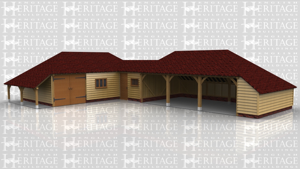 This oak framed complex is formed of three frames; the first is a three bay garage with an open logstore to the left side. It is accessed by a single set of garage doors to the front and also has a three pane window. The second frame is a single bay store/workshop that functions as a link between the two frames. It is accessed via a single door to the front and has a mullion window. The third bay is a three bay open garage with an enclosed store to the right side and to the rear.